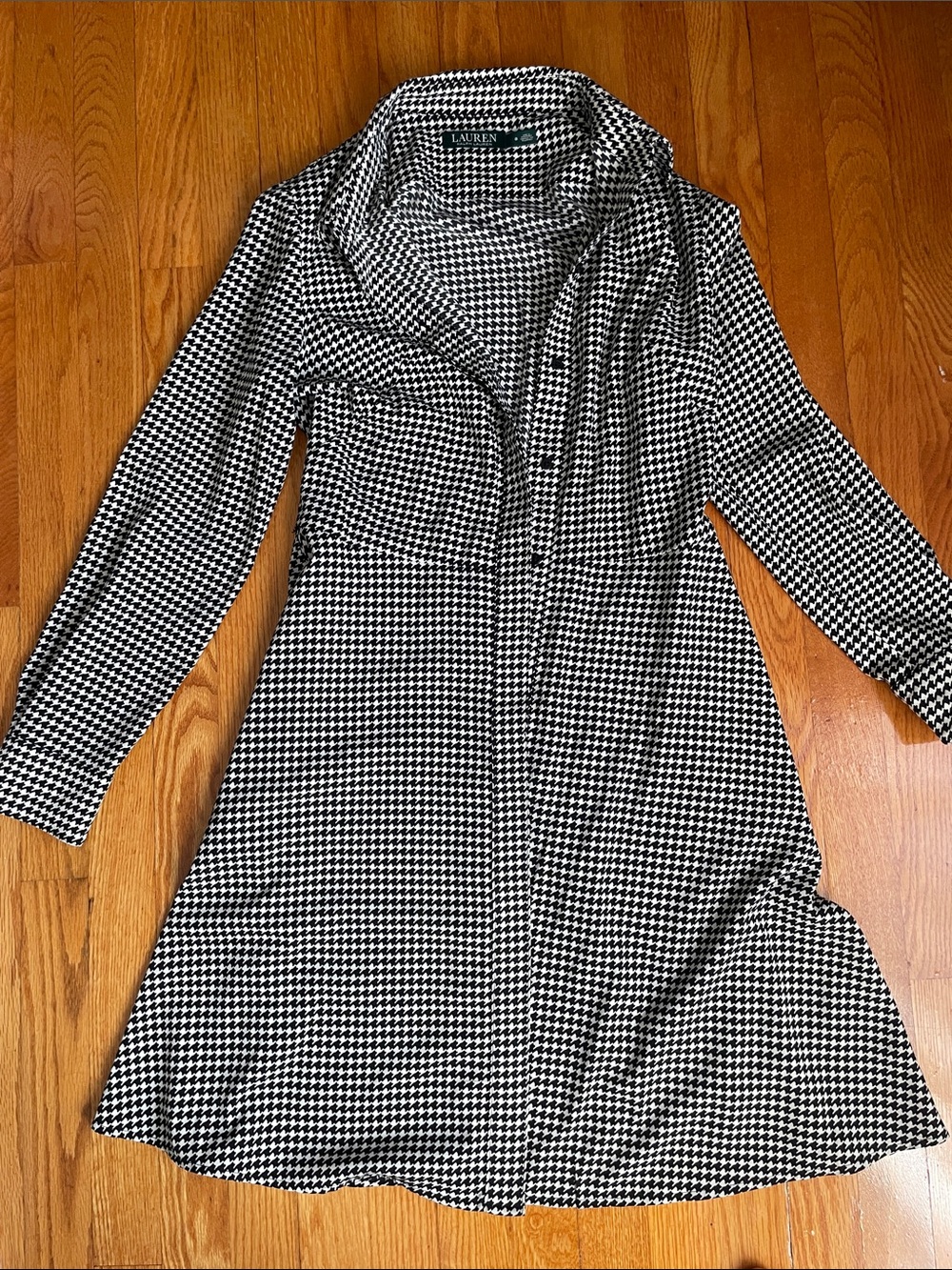 Lauren Ralph Lauren Black & White Houndstooth Long Sleeve Shirt Dress